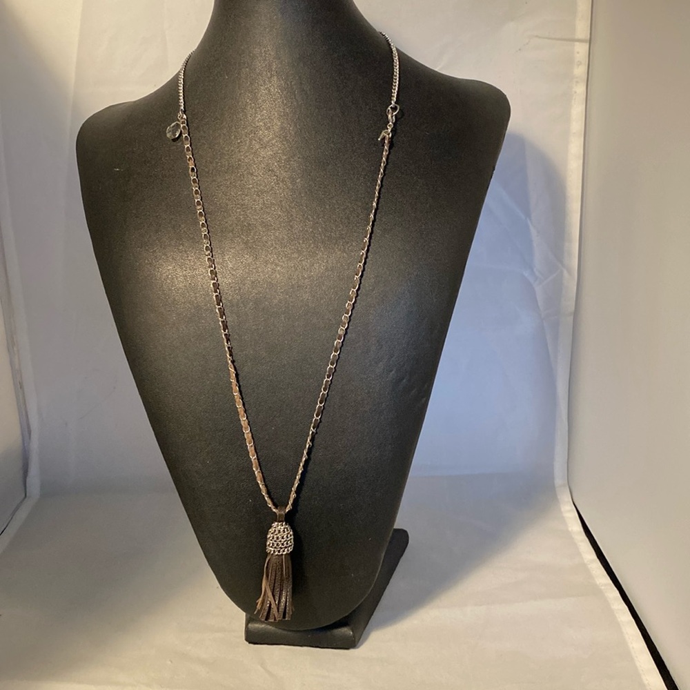 Banana Republic Brown Leather Long Tassel Necklace with Crystal